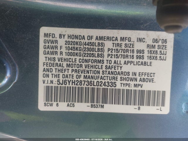 Aukcja sprzedaży 2006 Honda Element Ex-p, vin: 5J6YH28736L024335, numer aukcji: 45639465