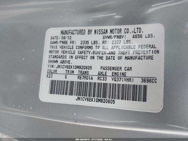 Auction sale of the 2013 Infiniti G37 Journey, vin: JN1CV6EK1DM920605, lot number: 45639475