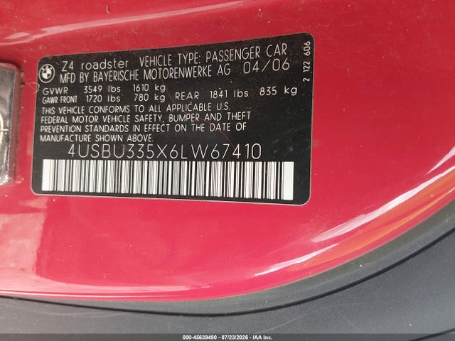 Продаж на аукціоні авто 2006 Bmw Z4 3.0i, vin: 4USBU335X6LW67410, номер лоту: 45639490