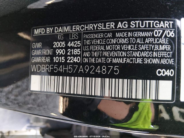 Aukcja sprzedaży 2007 Mercedes-benz C 280 Luxury, vin: WDBRF54H57A924875, numer aukcji: 45639506