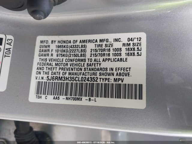 2012 Honda Cr-v Lx მანქანა იყიდება აუქციონზე, vin: 5J6RM3H35CL024352, აუქციონის ნომერი: 45639513