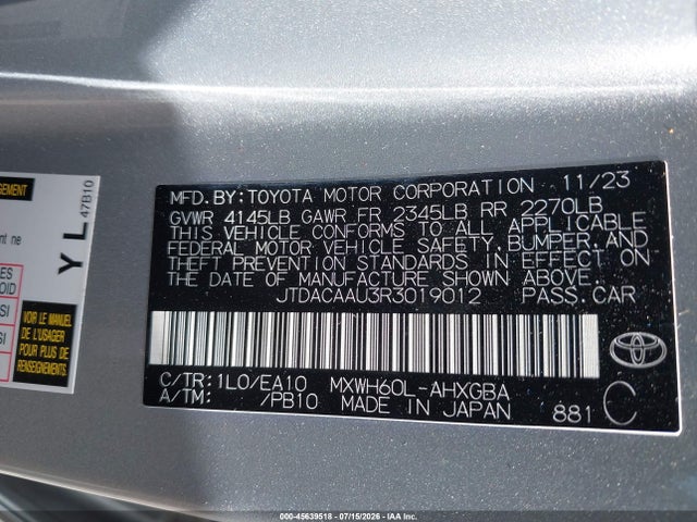 2024 Toyota Prius Xle მანქანა იყიდება აუქციონზე, vin: JTDACAAU3R3019012, აუქციონის ნომერი: 45639518