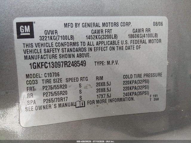 Aukcja sprzedaży 2007 Gmc Yukon Slt, vin: 1GKFC13097R248549, numer aukcji: 45639526