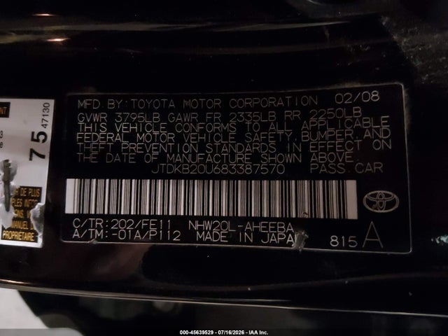 Продаж на аукціоні авто 2008 Toyota Prius, vin: JTDKB20U683387570, номер лоту: 45639529