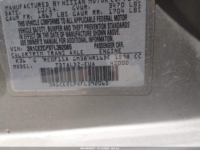 Продажа на аукционе авто 2015 Nissan Versa Note Sv, vin: 3N1CE2CPXFL392065, номер лота: 45639537