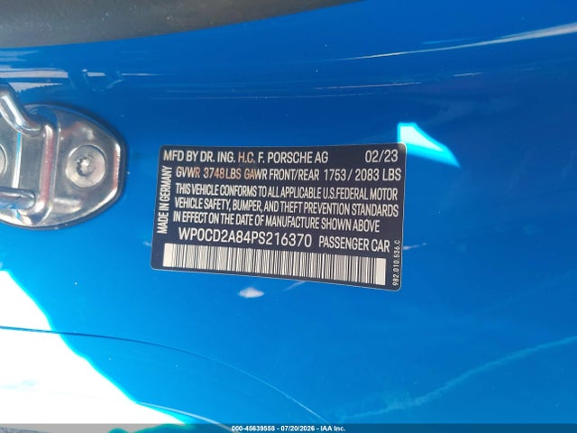 Auction sale of the 2023 Porsche 718 Boxster Gts 4.0, vin: WP0CD2A84PS216370, lot number: 45639558