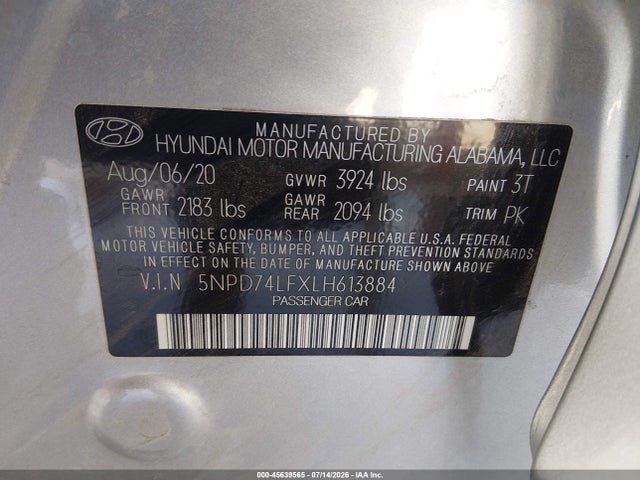 Aukcja sprzedaży 2020 Hyundai Elantra Se, vin: 5NPD74LFXLH613884, numer aukcji: 45639565