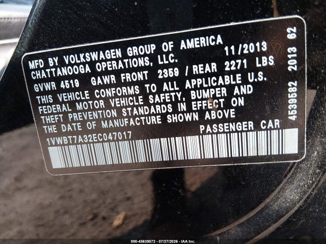 2014 Volkswagen Passat 1.8t Se მანქანა იყიდება აუქციონზე, vin: 1VWBT7A32EC047017, აუქციონის ნომერი: 45639572