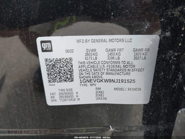 Aukcja sprzedaży 2022 Chevrolet Traverse Awd Lt Cloth, vin: 1GNEVGKW9NJ191525, numer aukcji: 45639576