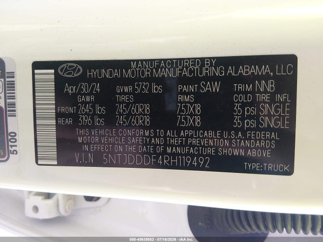 Продаж на аукціоні авто 2024 Hyundai Santa Cruz Xrt, vin: 5NTJDDDF4RH119492, номер лоту: 45639582