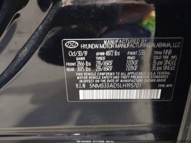 Aukcja sprzedaży 2020 Hyundai Santa Fe Sel, vin: 5NMS33AD5LH195701, numer aukcji: 45639590