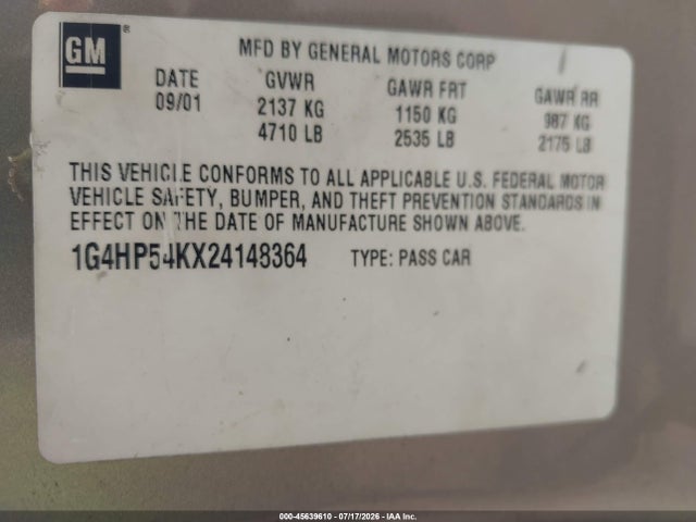 2002 Buick Lesabre Custom მანქანა იყიდება აუქციონზე, vin: 1G4HP54KX24148364, აუქციონის ნომერი: 45639610
