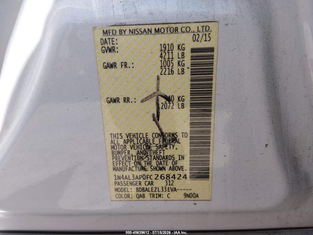 Nissan Altima 2.5 S 2015 1N4AL3AP0FC268424 Image 9