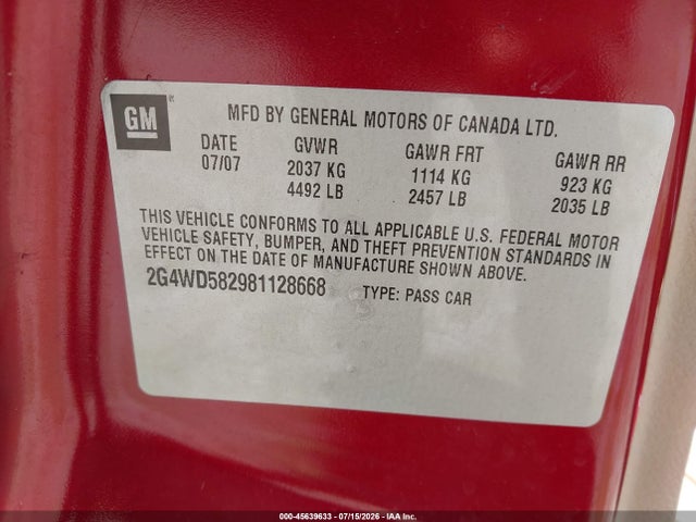 2008 Buick Lacrosse Cxl მანქანა იყიდება აუქციონზე, vin: 2G4WD582981128668, აუქციონის ნომერი: 45639633