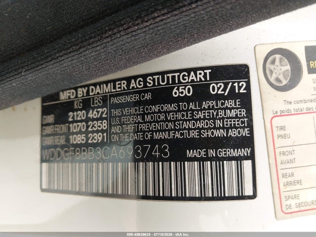 45639635 :رقم المزاد ، WDDGF8BB3CA693743 vin ، 2012 Mercedes-benz C 300 Luxury 4matic/sport 4matic مزاد بيع