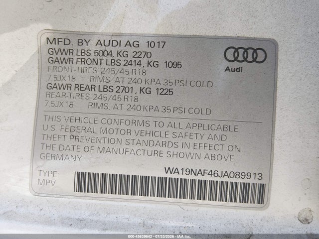 Продаж на аукціоні авто 2018 Audi A4 Allroad 2.0t Premium/2.0t Tech Premium, vin: WA19NAF46JA089913, номер лоту: 45639642