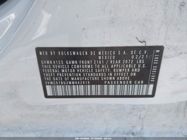 Aukcja sprzedaży 2021 Volkswagen Jetta 1.4t R-line/1.4t Se/s, vin: 3VWC57BU2MM042919, numer aukcji: 45639659