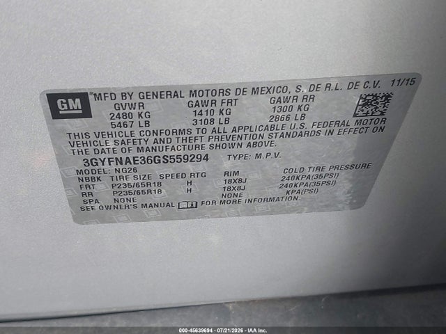 Aukcja sprzedaży 2016 Cadillac Srx Standard, vin: 3GYFNAE36GS559294, numer aukcji: 45639694