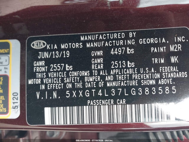 KIA Optima Lx 2020 5XXGT4L37LG383585 Image 9