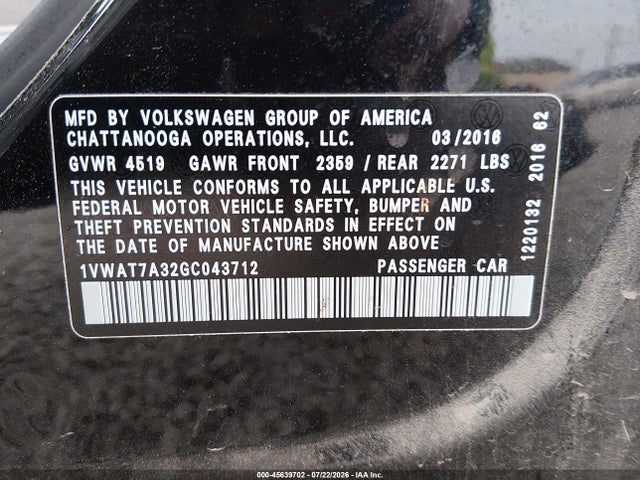 Aukcja sprzedaży 2016 Volkswagen Passat 1.8t S, vin: 1VWAT7A32GC043712, numer aukcji: 45639702