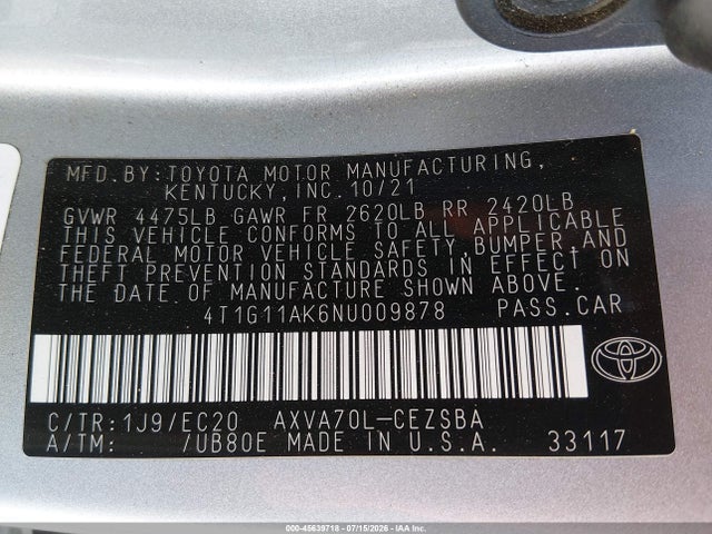 4T1G11AK6NU009878 Toyota Camry Se Nightshade Edition