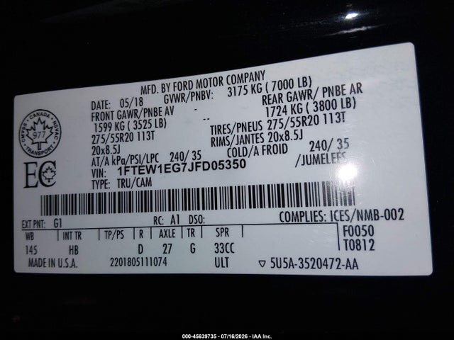 Aukcja sprzedaży 2018 Ford F-150 Lariat, vin: 1FTEW1EG7JFD05350, numer aukcji: 45639735