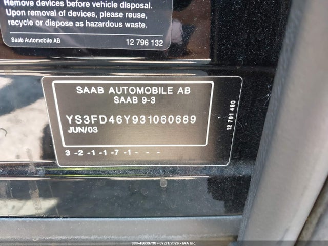 Aukcja sprzedaży 2003 Saab 9-3 Arc, vin: YS3FD46Y931060689, numer aukcji: 45639738