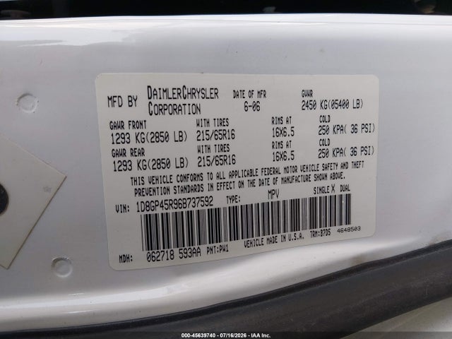 Продаж на аукціоні авто 2006 Dodge Caravan Sxt, vin: 1D8GP45R96B737592, номер лоту: 45639740