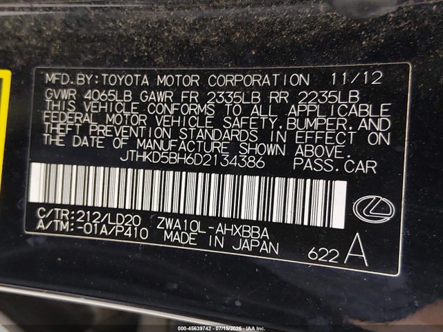 45639742 :رقم المزاد ، JTHKD5BH6D2134386 vin ، 2013 Lexus Ct 200h مزاد بيع