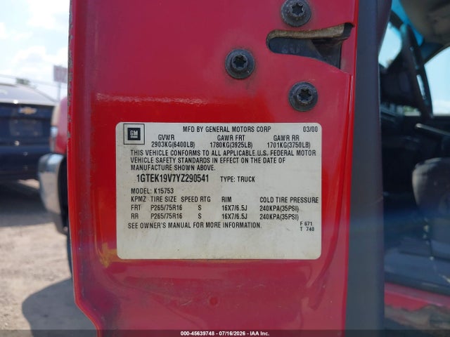 Aukcja sprzedaży 2000 Gmc Sierra 1500 Sl, vin: 1GTEK19V7YZ290541, numer aukcji: 45639748