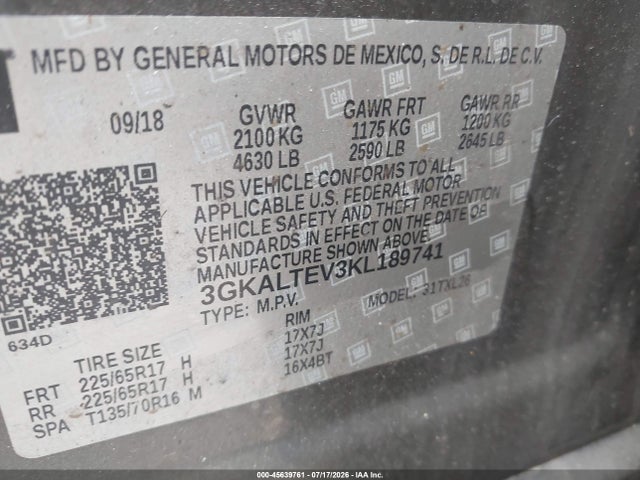2019 Gmc Terrain Sle მანქანა იყიდება აუქციონზე, vin: 3GKALTEV3KL189741, აუქციონის ნომერი: 45639761