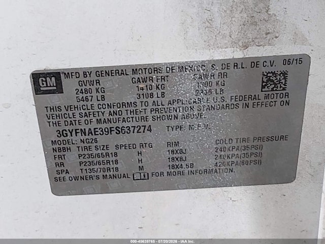 Cadillac Srx Standard 2015 3GYFNAE39FS637274 Image 9