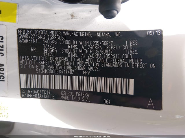 5TDKK3DC0ES414487 Toyota Sienna Le V6 8 Passenger