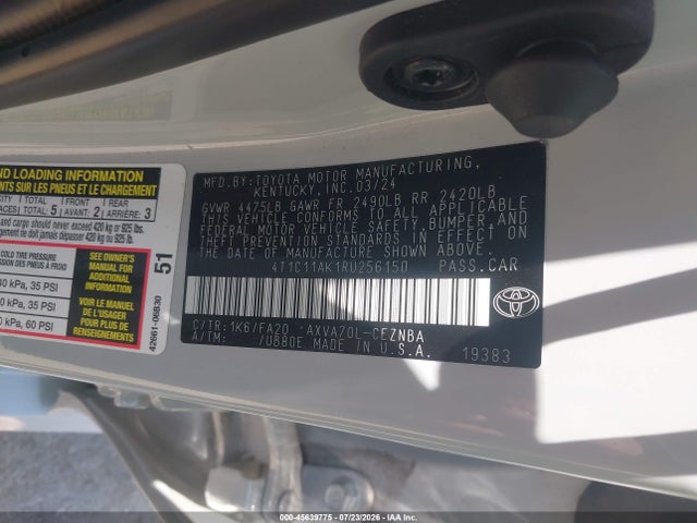 2024 Toyota Camry Le მანქანა იყიდება აუქციონზე, vin: 4T1C11AK1RU256150, აუქციონის ნომერი: 45639775