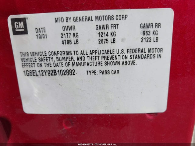 Продажа на аукционе авто 2002 Cadillac Eldorado Esc, vin: 1G6EL12Y92B102882, номер лота: 45639776