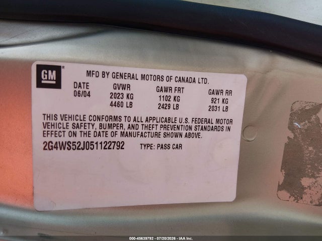 Продаж на аукціоні авто 2005 Buick Century, vin: 2G4WS52J051122792, номер лоту: 45639792