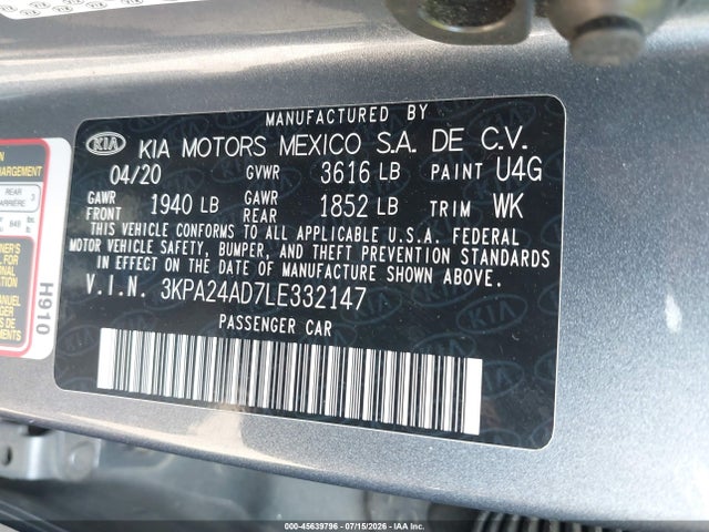 2020 Kia Rio S მანქანა იყიდება აუქციონზე, vin: 3KPA24AD7LE332147, აუქციონის ნომერი: 45639796