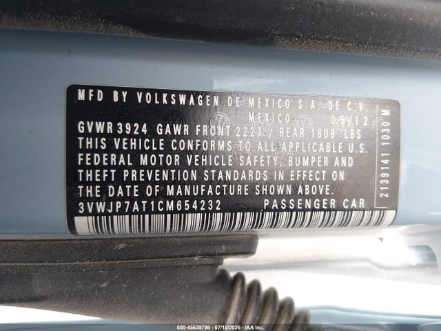 Aukcja sprzedaży 2012 Volkswagen Beetle 2.5l, vin: 3VWJP7AT1CM654232, numer aukcji: 45639798