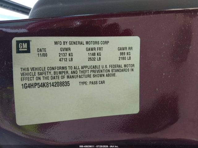 Aukcja sprzedaży 2001 Buick Lesabre Custom, vin: 1G4HP54K814208835, numer aukcji: 45639811