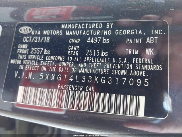 KIA Optima S 2019 5XXGT4L33KG317095 Image 9