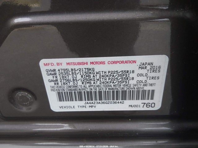 2016 Mitsubishi Outlander Es მანქანა იყიდება აუქციონზე, vin: JA4AZ3A36GZ036442, აუქციონის ნომერი: 45639814