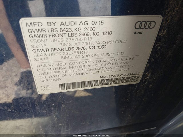 45639822 :رقم المزاد ، WA1L2AFPXGA034432 vin ، 2016 Audi Q5 2.0t Premium مزاد بيع