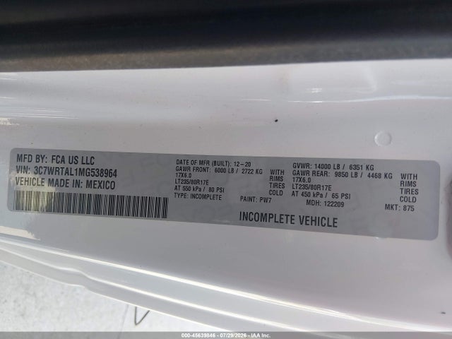 Продаж на аукціоні авто 2021 Ram 3500 Chassis Tradesman/slt, vin: 3C7WRTAL1MG538964, номер лоту: 45639846