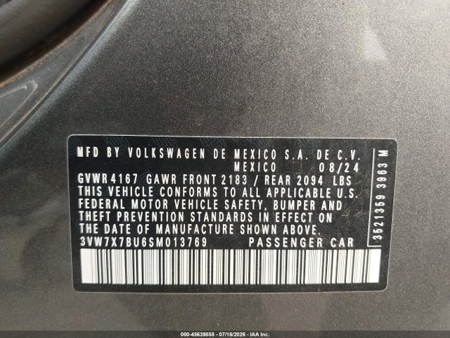 Aukcja sprzedaży 2025 Volkswagen Jetta 1.5t Se, vin: 3VW7X7BU6SM013769, numer aukcji: 45639858