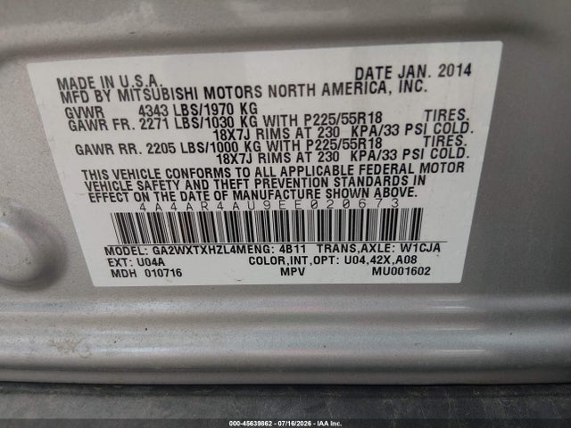 2014 Mitsubishi Outlander Sport Se მანქანა იყიდება აუქციონზე, vin: 4A4AR4AU9EE020673, აუქციონის ნომერი: 45639862