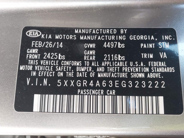 45639871 :رقم المزاد ، 5XXGR4A63EG323222 vin ، 2014 Kia Optima Sx Turbo مزاد بيع