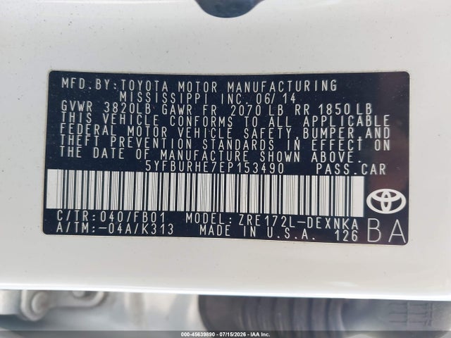 5YFBURHE7EP153490 Toyota COROLLA LE