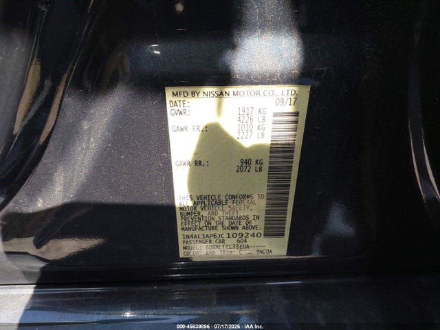 2018 Nissan Altima 2.5 Sv მანქანა იყიდება აუქციონზე, vin: 1N4AL3AP6JC109240, აუქციონის ნომერი: 45639896