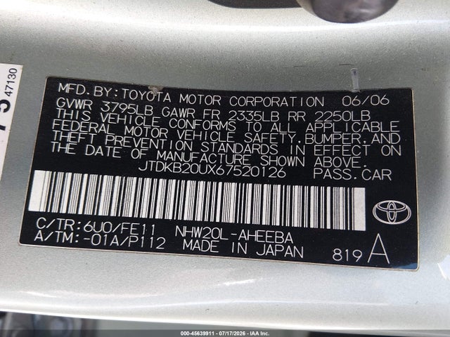 Продажа на аукционе авто 2006 Toyota Prius, vin: JTDKB20UX67520126, номер лота: 45639911