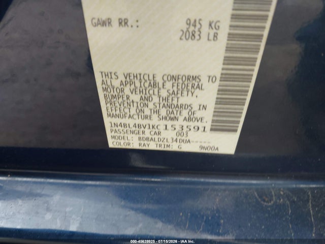 Продажа на аукционе авто 2019 Nissan Altima 2.5 S, vin: 1N4BL4BV1KC153591, номер лота: 45639925